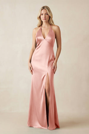 V - Neck Sheath Satin Bridesmaid Dress with Bow in Rose Petal - KISS BRIDAL Bridesmaid Dresses