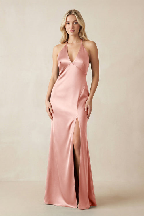 V - Neck Sheath Satin Bridesmaid Dress with Bow in Rose Petal - KISS BRIDAL Bridesmaid Dresses