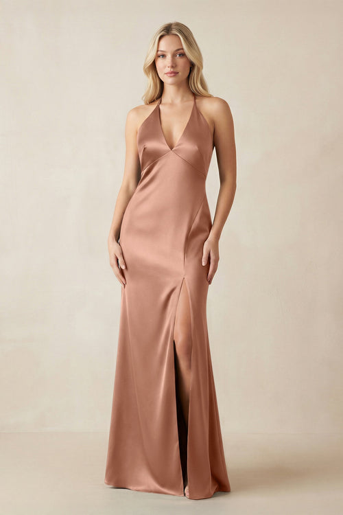 V - Neck Sheath Satin Bridesmaid Dress with Bow in Rosette - KISS BRIDAL Bridesmaid Dresses