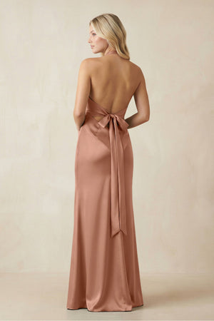 V - Neck Sheath Satin Bridesmaid Dress with Bow in Rosette - KISS BRIDAL Bridesmaid Dresses