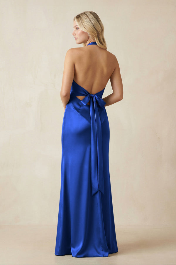 V - Neck Sheath Satin Bridesmaid Dress with Bow in Royal Blue - KISS BRIDAL Bridesmaid Dresses