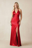 V - Neck Sheath Satin Bridesmaid Dress with Bow in Ruby Red - KISS BRIDAL Bridesmaid Dresses