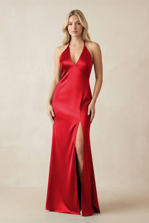 V - Neck Sheath Satin Bridesmaid Dress with Bow in Ruby Red - KISS BRIDAL Bridesmaid Dresses