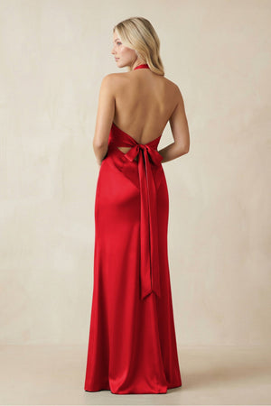 V - Neck Sheath Satin Bridesmaid Dress with Bow in Ruby Red - KISS BRIDAL Bridesmaid Dresses