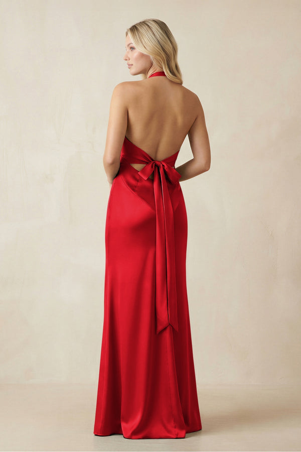 V - Neck Sheath Satin Bridesmaid Dress with Bow in Ruby Red - KISS BRIDAL Bridesmaid Dresses
