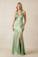 V - Neck Sheath Satin Bridesmaid Dress with Bow in Sage - KISS BRIDAL Bridesmaid Dresses