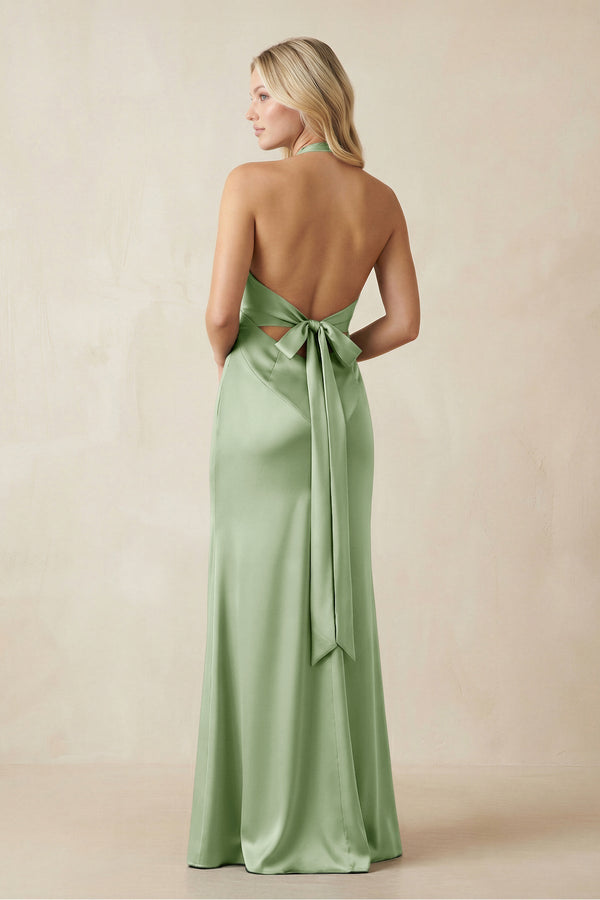 V - Neck Sheath Satin Bridesmaid Dress with Bow in Sage - KISS BRIDAL Bridesmaid Dresses
