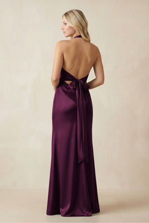 V - Neck Sheath Satin Bridesmaid Dress with Bow in Sangria - KISS BRIDAL Bridesmaid Dresses