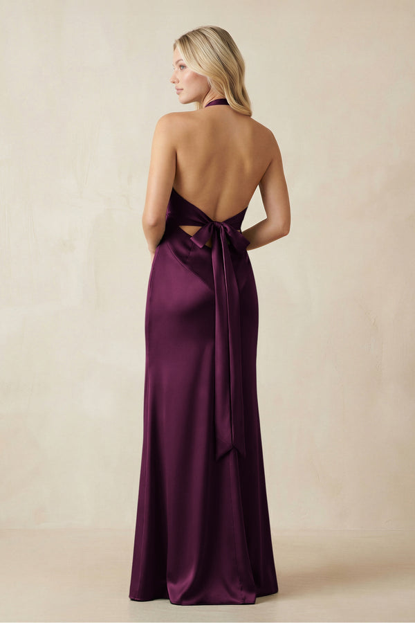 V - Neck Sheath Satin Bridesmaid Dress with Bow in Sangria - KISS BRIDAL Bridesmaid Dresses