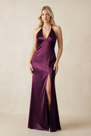 V - Neck Sheath Satin Bridesmaid Dress with Bow in Sangria - KISS BRIDAL Bridesmaid Dresses