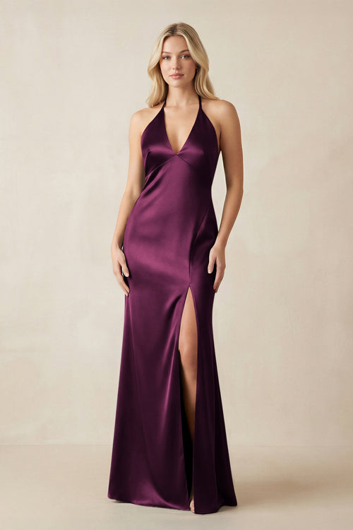 V - Neck Sheath Satin Bridesmaid Dress with Bow in Sangria - KISS BRIDAL Bridesmaid Dresses