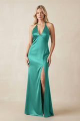 V - Neck Sheath Satin Bridesmaid Dress with Bow in Sea Glass - KISS BRIDAL Bridesmaid Dresses