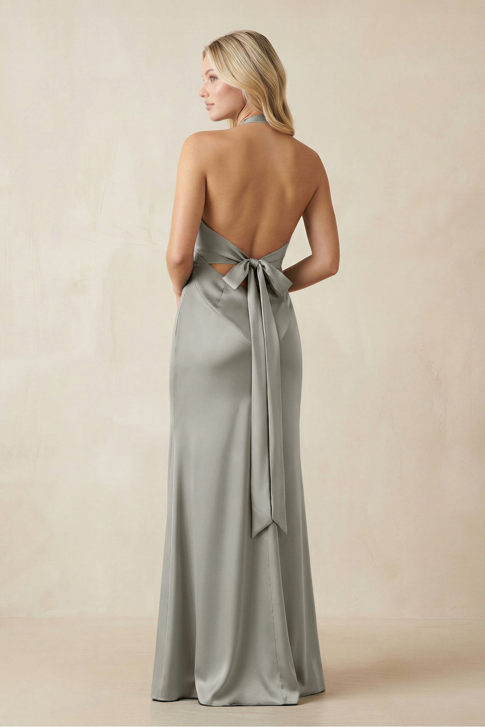 V - Neck Sheath Satin Bridesmaid Dress with Bow in Silver - KISS BRIDAL Bridesmaid Dresses