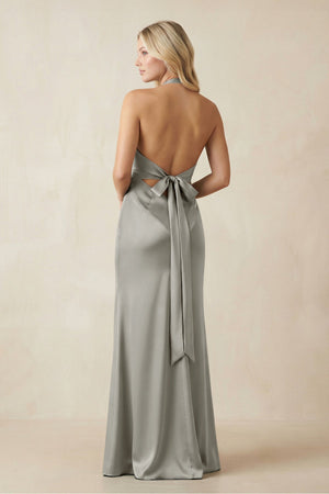 V - Neck Sheath Satin Bridesmaid Dress with Bow in Silver - KISS BRIDAL Bridesmaid Dresses
