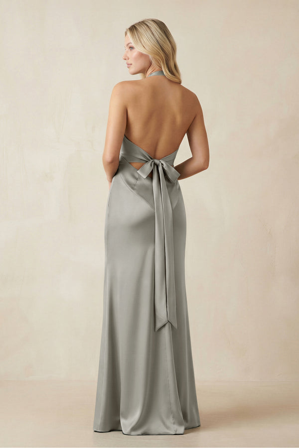 V - Neck Sheath Satin Bridesmaid Dress with Bow in Silver - KISS BRIDAL Bridesmaid Dresses