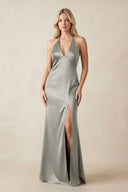 V - Neck Sheath Satin Bridesmaid Dress with Bow in Silver - KISS BRIDAL Bridesmaid Dresses