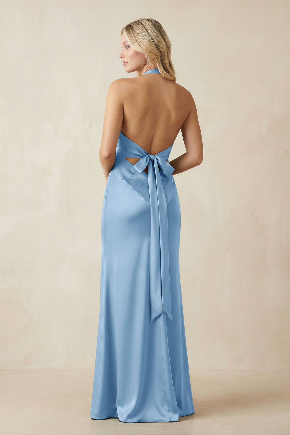 V - Neck Sheath Satin Bridesmaid Dress with Bow in Sky Blue - KISS BRIDAL Bridesmaid Dresses