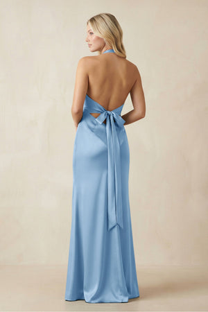V - Neck Sheath Satin Bridesmaid Dress with Bow in Sky Blue - KISS BRIDAL Bridesmaid Dresses