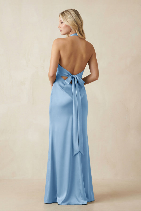 V - Neck Sheath Satin Bridesmaid Dress with Bow in Sky Blue - KISS BRIDAL Bridesmaid Dresses