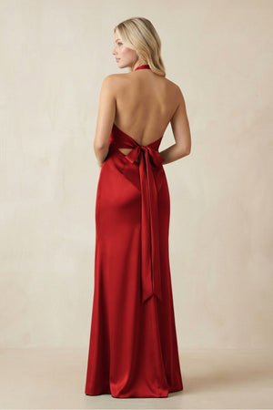 V - Neck Sheath Satin Bridesmaid Dress with Bow in Spice - KISS BRIDAL Bridesmaid Dresses