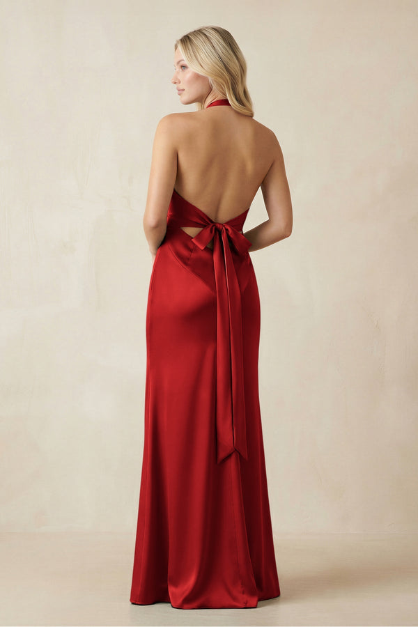 V - Neck Sheath Satin Bridesmaid Dress with Bow in Spice - KISS BRIDAL Bridesmaid Dresses