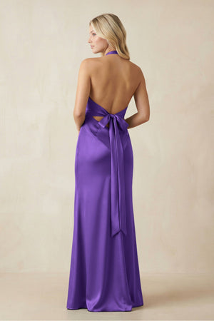 V - Neck Sheath Satin Bridesmaid Dress with Bow in Tahiti - KISS BRIDAL Bridesmaid Dresses