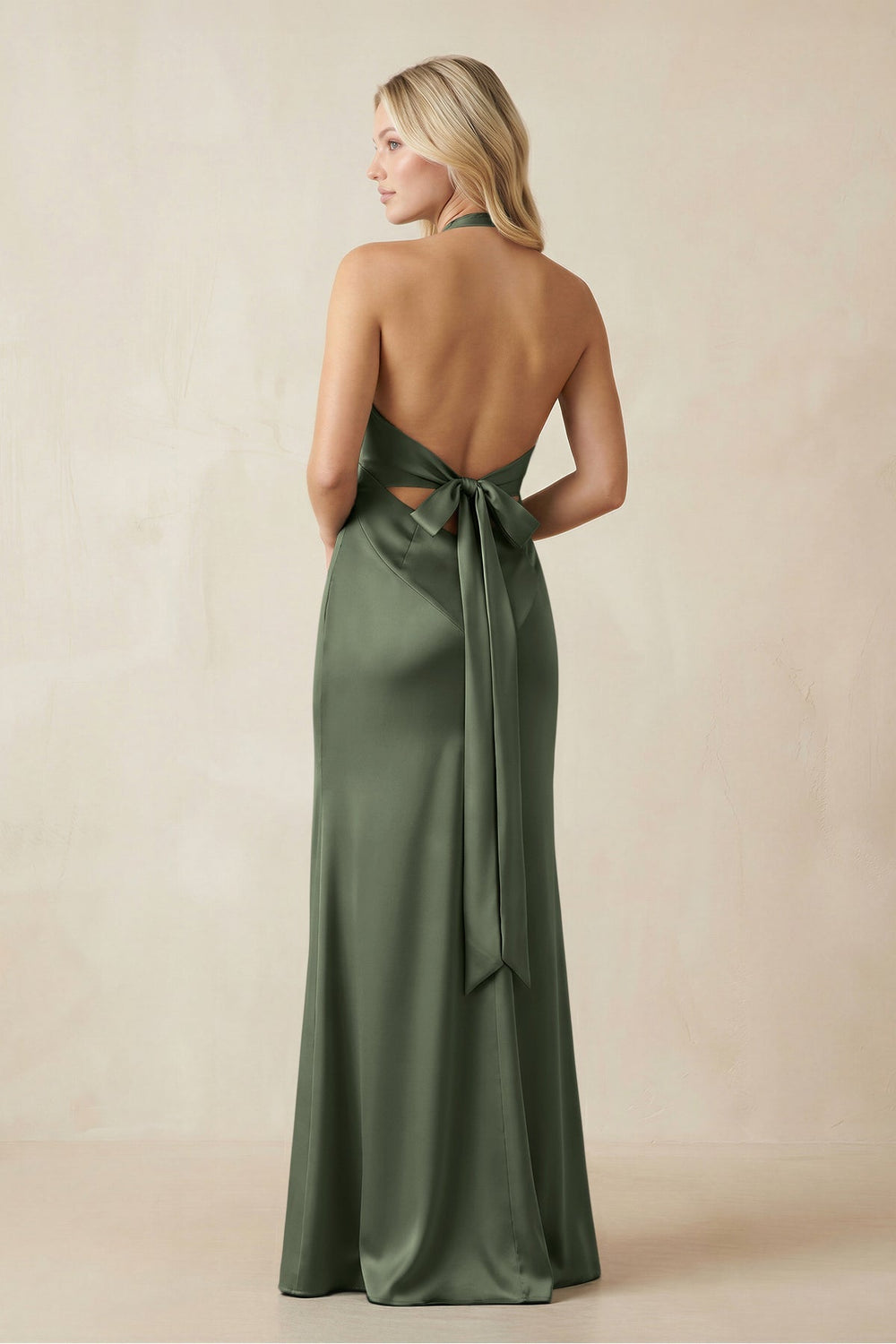 V - Neck Sheath Satin Bridesmaid Dress with Bow in Thyme - KISS BRIDAL Bridesmaid Dresses