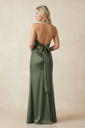 V - Neck Sheath Satin Bridesmaid Dress with Bow in Thyme - KISS BRIDAL Bridesmaid Dresses