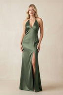 V - Neck Sheath Satin Bridesmaid Dress with Bow in Thyme - KISS BRIDAL Bridesmaid Dresses