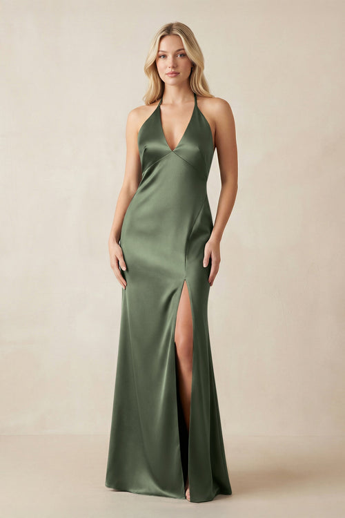 V - Neck Sheath Satin Bridesmaid Dress with Bow in Thyme - KISS BRIDAL Bridesmaid Dresses