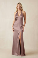 V - Neck Sheath Satin Bridesmaid Dress with Bow in Toffee - KISS BRIDAL Bridesmaid Dresses