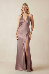 V - Neck Sheath Satin Bridesmaid Dress with Bow in Toffee - KISS BRIDAL Bridesmaid Dresses