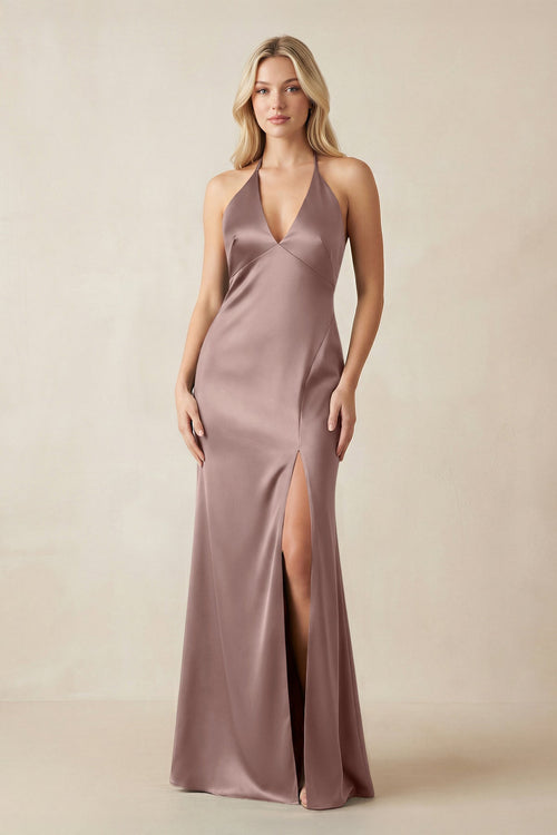 V - Neck Sheath Satin Bridesmaid Dress with Bow in Toffee - KISS BRIDAL Bridesmaid Dresses