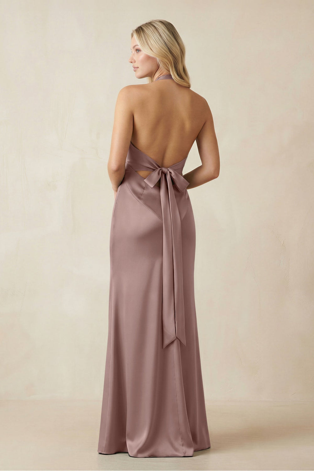 V - Neck Sheath Satin Bridesmaid Dress with Bow in Toffee - KISS BRIDAL Bridesmaid Dresses