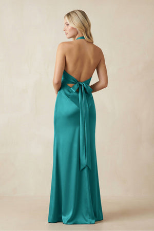 V - Neck Sheath Satin Bridesmaid Dress with Bow in Turquoise - KISS BRIDAL Bridesmaid Dresses