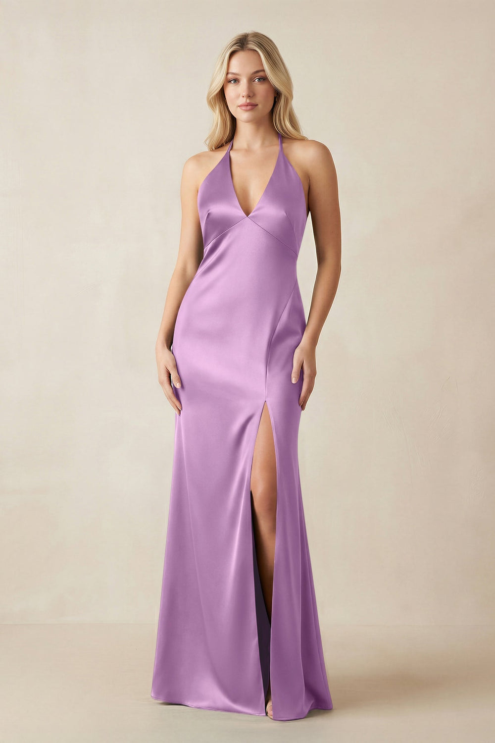 V - Neck Sheath Satin Bridesmaid Dress with Bow in Vintage Mauve - KISS BRIDAL Bridesmaid Dresses