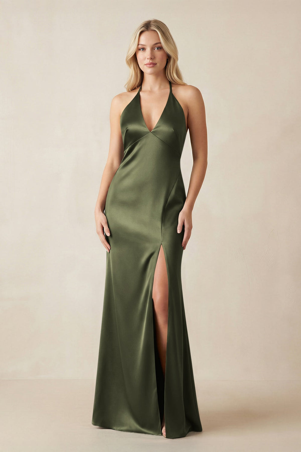 V - Neck Sheath Satin Bridesmaid Dress with Bow in Willow Green - KISS BRIDAL Bridesmaid Dresses
