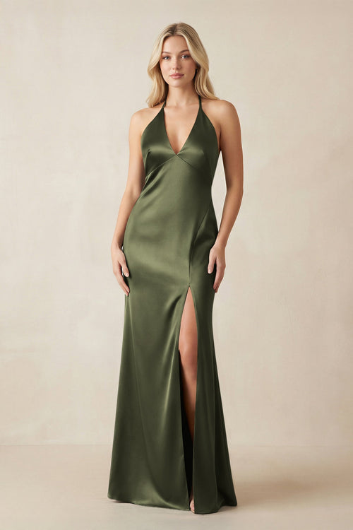 V - Neck Sheath Satin Bridesmaid Dress with Bow in Willow Green - KISS BRIDAL Bridesmaid Dresses
