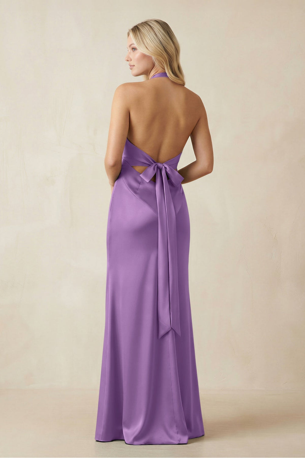 V - Neck Sheath Satin Bridesmaid Dress with Bow in Wisteria - KISS BRIDAL Bridesmaid Dresses