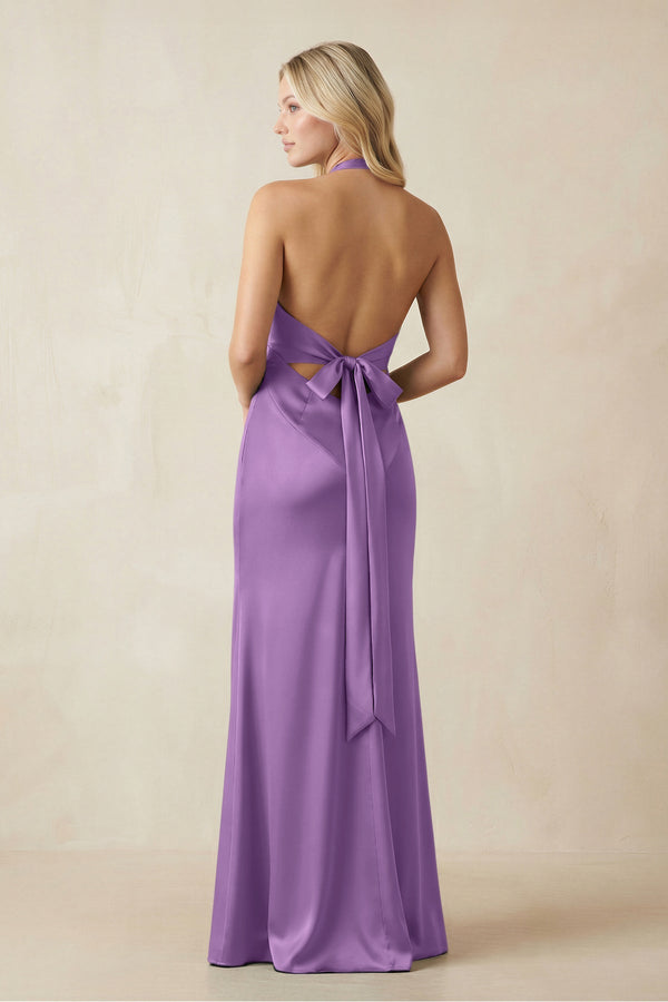 V - Neck Sheath Satin Bridesmaid Dress with Bow in Wisteria - KISS BRIDAL Bridesmaid Dresses