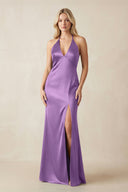 V - Neck Sheath Satin Bridesmaid Dress with Bow in Wisteria - KISS BRIDAL Bridesmaid Dresses