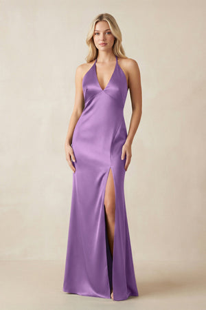 V - Neck Sheath Satin Bridesmaid Dress with Bow in Wisteria - KISS BRIDAL Bridesmaid Dresses