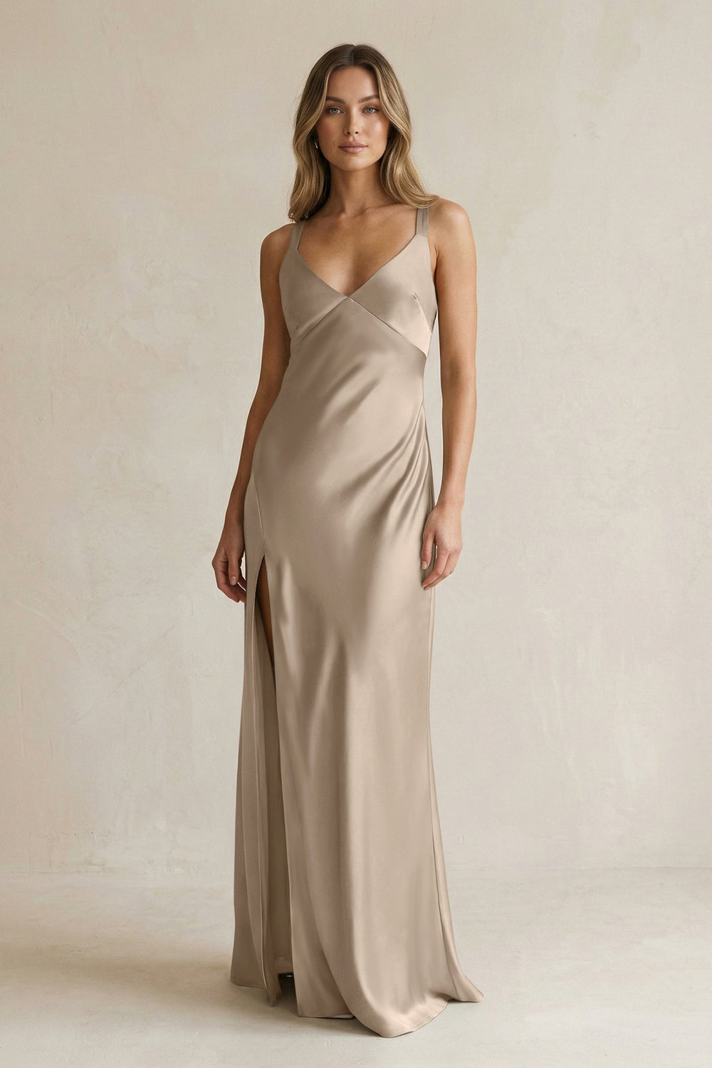 V - Neck Sheath Satin Bridesmaid Dress With Slit in Almond - SHE IS ME Bridesmaid Dresses