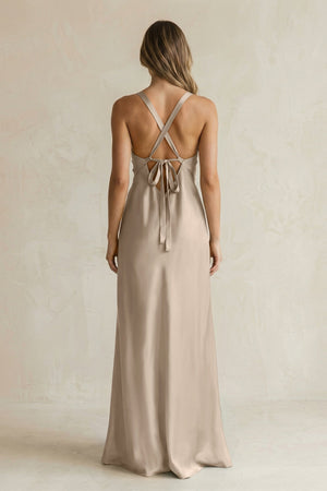 V - Neck Sheath Satin Bridesmaid Dress With Slit in Almond - KISS BRIDAL Bridesmaid Dresses