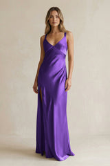 V - Neck Sheath Satin Bridesmaid Dress With Slit in Amethyst - KISS BRIDAL Bridesmaid Dresses