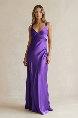 V - Neck Sheath Satin Bridesmaid Dress With Slit in Amethyst - KISS BRIDAL Bridesmaid Dresses