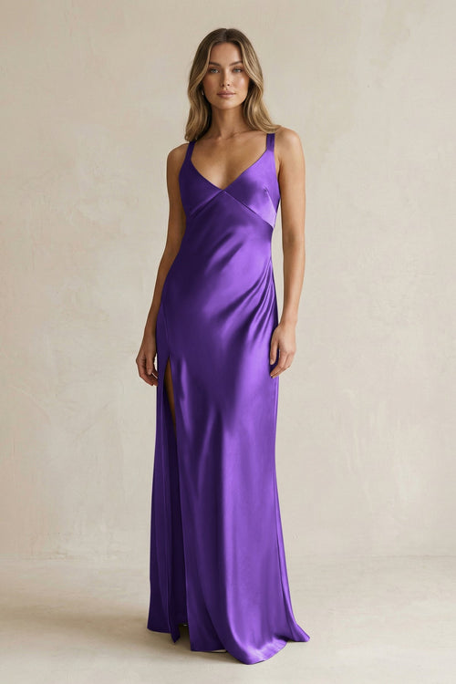 V - Neck Sheath Satin Bridesmaid Dress With Slit in Amethyst - KISS BRIDAL Bridesmaid Dresses