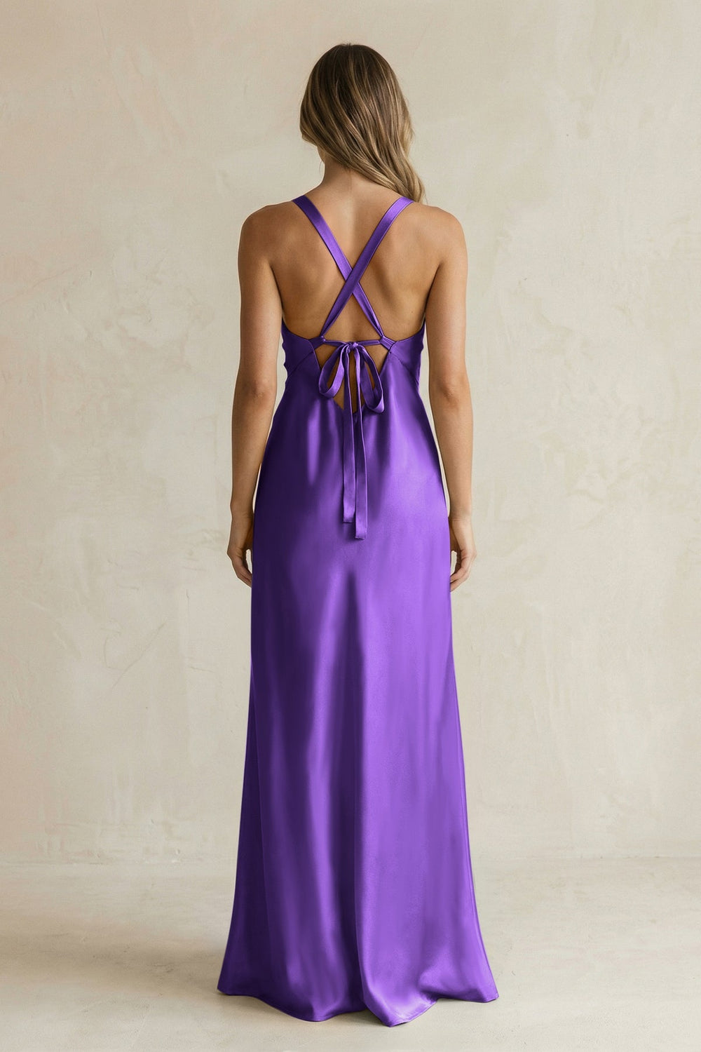 V - Neck Sheath Satin Bridesmaid Dress With Slit in Amethyst - KISS BRIDAL Bridesmaid Dresses