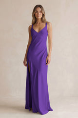 V-Neck Sheath Satin Bridesmaid Dress With Slit in Amethyst | KISSBRIDAL