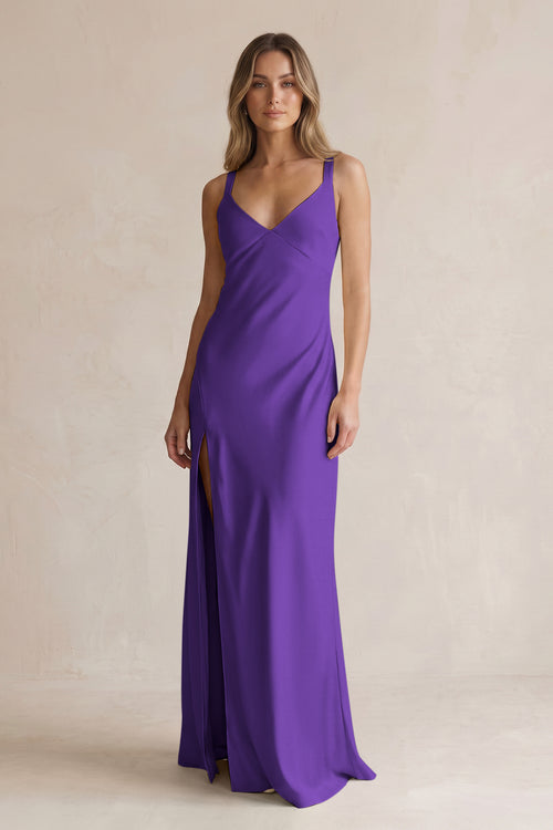 V-Neck Sheath Satin Bridesmaid Dress With Slit in Amethyst | KISSBRIDAL